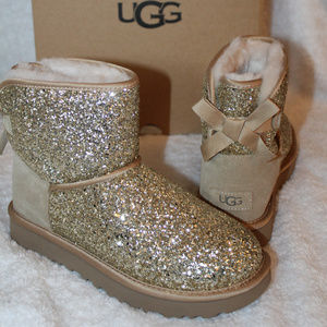 UGG SPARKLE MINI BOW METALLIC GOLD BOOTS NEW